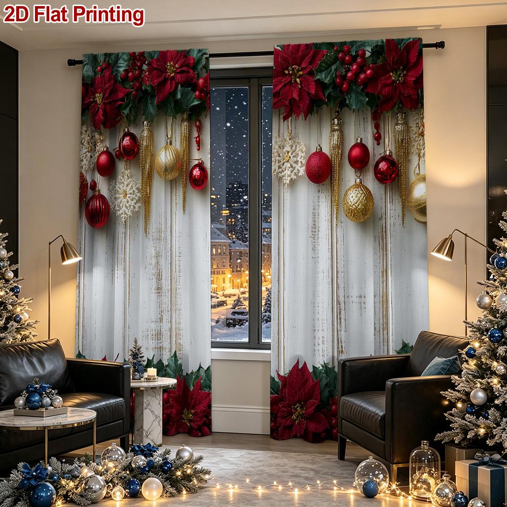 2PCS Christmas Winter Curtains, Poinsettia Berry Christmas Ornament, Digital Print, Bedroom Living Room, Rod Pocket, Home Decor