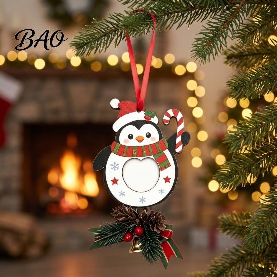 Festive Tree Pendants Wooden Christmas Ornaments, 2D Stocking House Shaped Photo Frame Hanging Indoor Holiday Decor, Xmas Ornament for Family