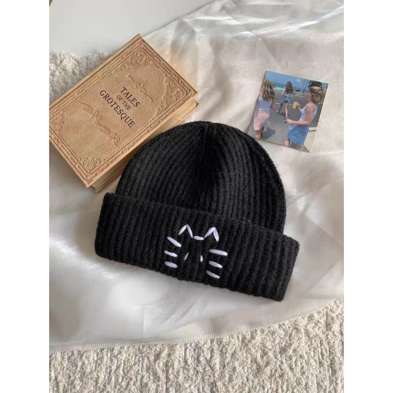 Embroidery Cute Kitten Wool Hat Female Autumn and Winter New Face Small Cold Hat Warm Ear Protection Cold Student Knitted Hat