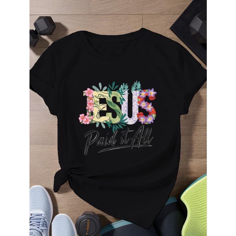 

Women s Plus Size JESUS Paid It All Graphic Print Crew Neck Short Sleeve Sports Casual Tee 4XL чорний