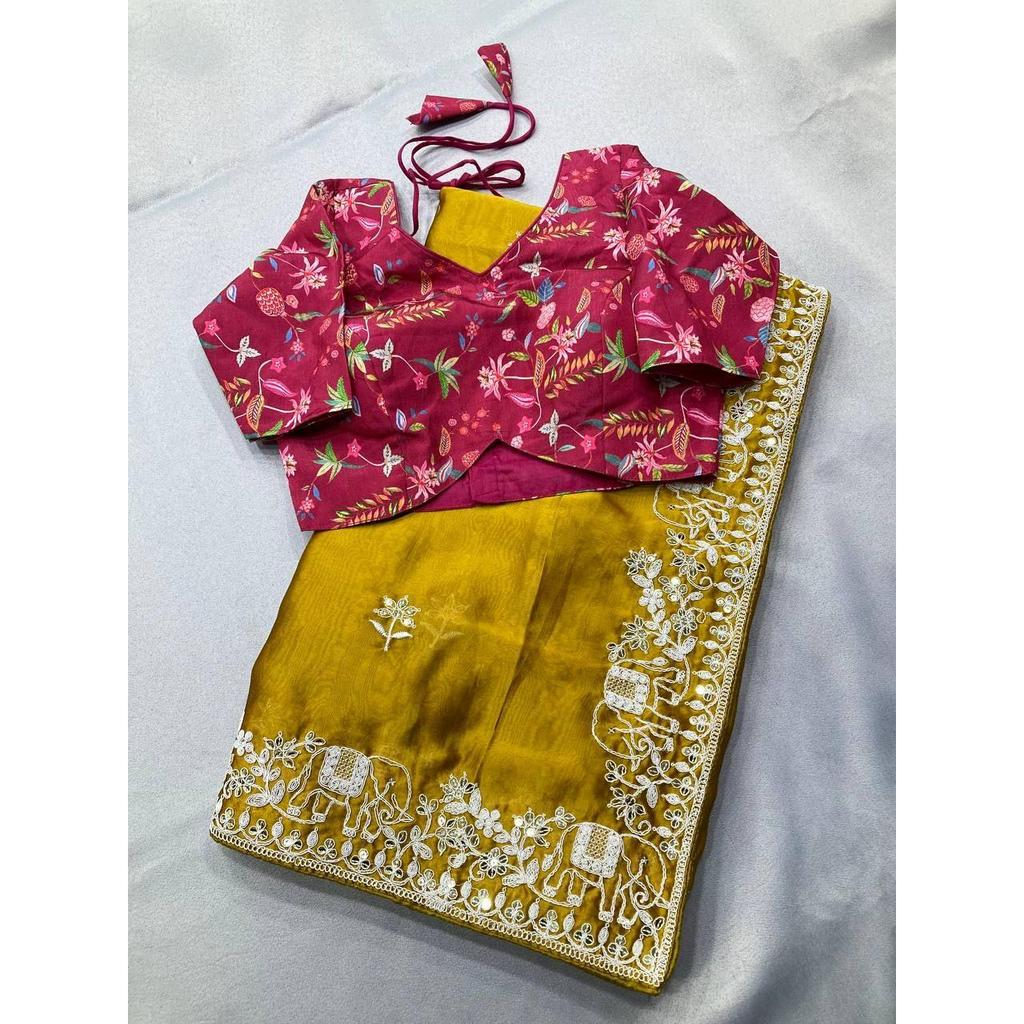 Party Wear Premium Rangoli Silk Saree – Elegant Wedding Collection with Embroidery Lace Border & Digital Print Blouse