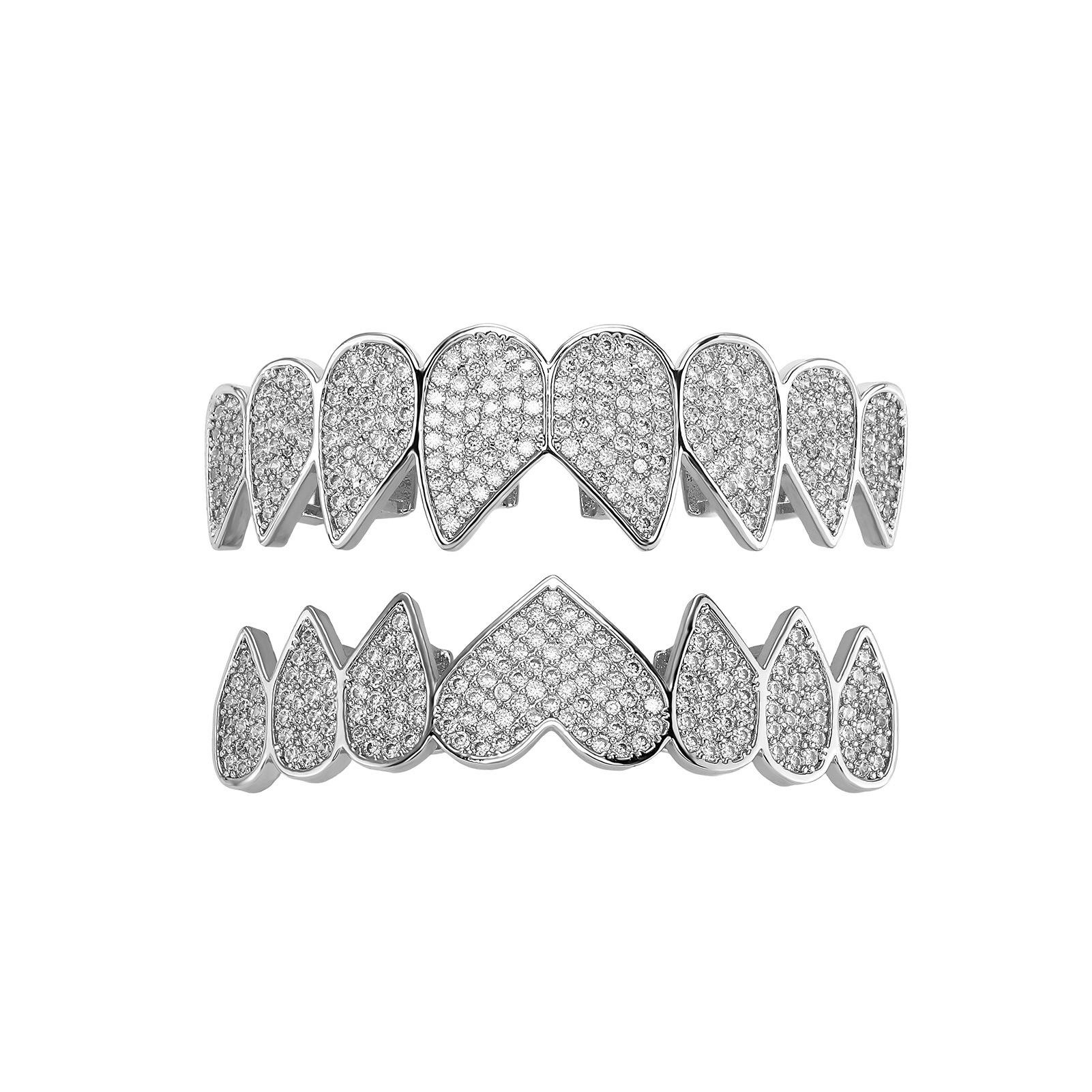 New Hip Hop Teeth Grills Iced Out Bling Zircon Top & Bottom Heart Shape Grills Gold Plated Grills Jewelry for Men hip hop