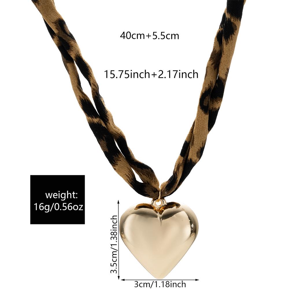Leopard Print Choker Necklace For Women, Gold-Tone Alloy Heart Pendant Necklace, Vintage Boho Fabric Chain Statement Jewelry For Daily Wear & Gifting