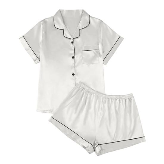 2 st/set Pyjamasset i imitationssilke Revers Kortärm Knappslå Skjorta Elastisk midja Shortsset Sommar Sval Sovkläder