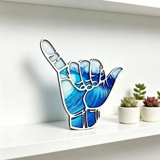 Hang Loose Hand Sign Wooden Sculpture Coastal Beach Surf Hand Gesture Figurine for Home Office Hotel Living Room Kitchen Bedroom Decor