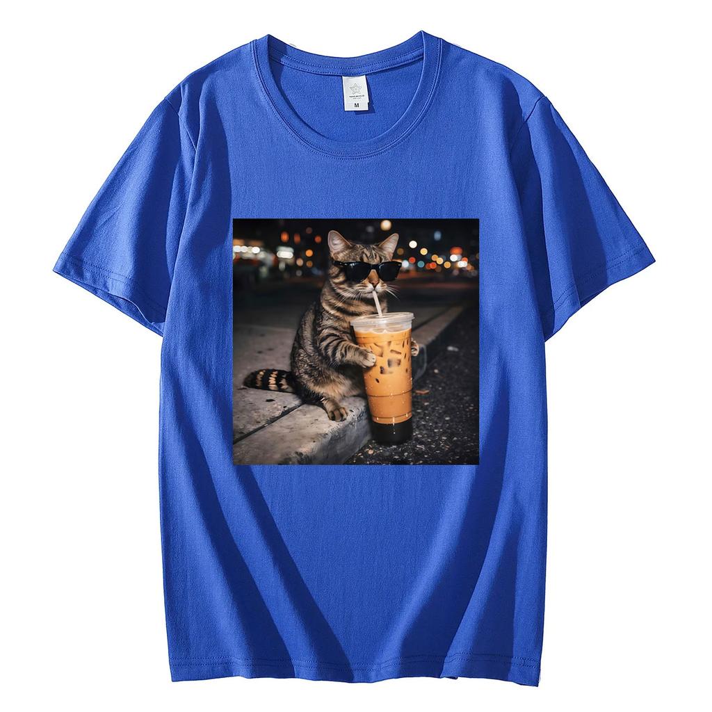 Funny Cat Drinking Coffee Meme Graphic T Shirts High Quality Fashion Short Sleeve Tshirts Men Women Casual Loose Cotton Tshirt