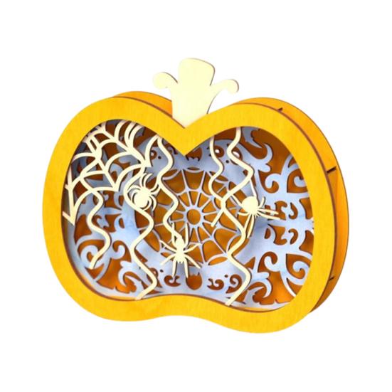 Yousheng Halloween Wooden Lighted Pumpkin for Tabletop, Spooky Pumpkin Lantern Shadow Box for Halloween Party, Dinning, Coffee Table Decoration