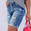 Women Summer Denim Shorts Ripped Hole High Waist Button Stretch Jean Short Pants