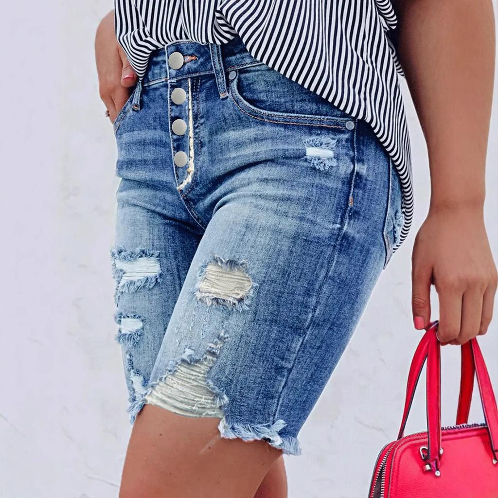 Women Summer Denim Shorts Ripped Hole High Waist Button Stretch Jean Short Pants