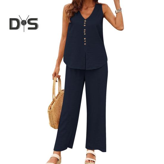 

2 шт./компл., женский жилет и брюки, комплект без рукавов с v-образным вырезом и пуговицами, широкий штанин, прямой свободный однотонный женский летний топ, комплект брюк M синий