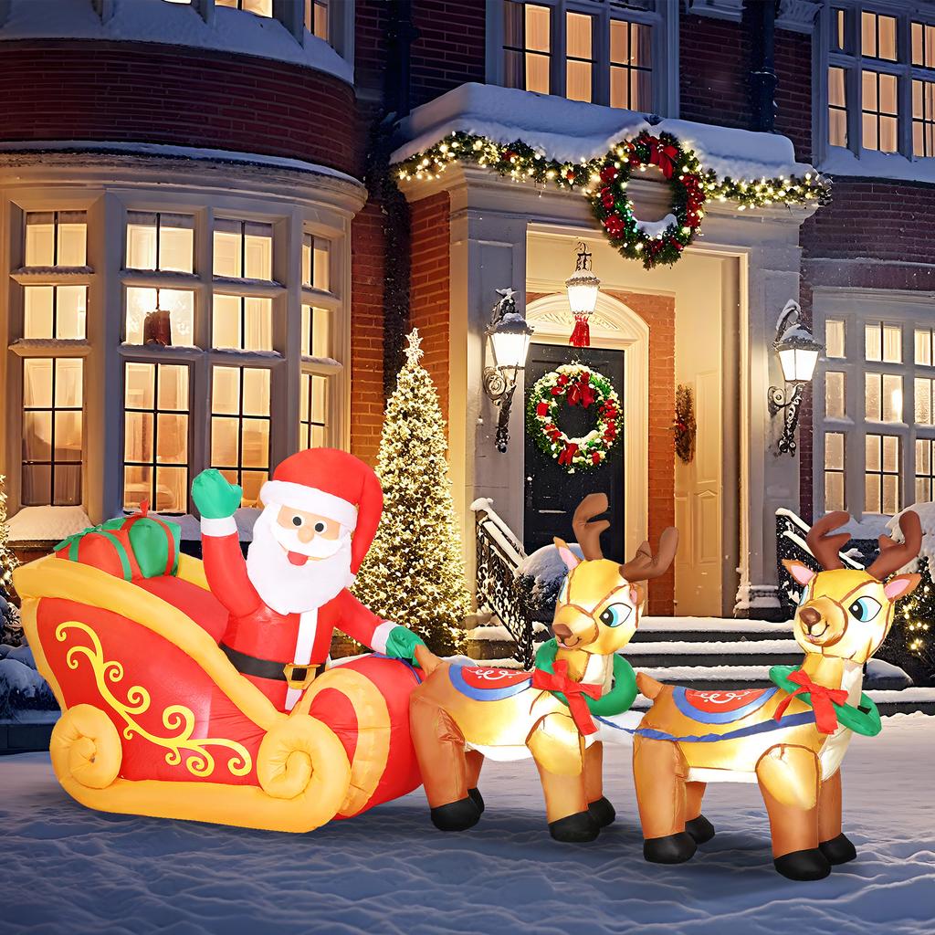 7.9ft Christmas Inflatable Santa on Sleigh with Two Reindeer, Outdoor Christmas Blow Up Decoration with Built-in LED Lights for Garden