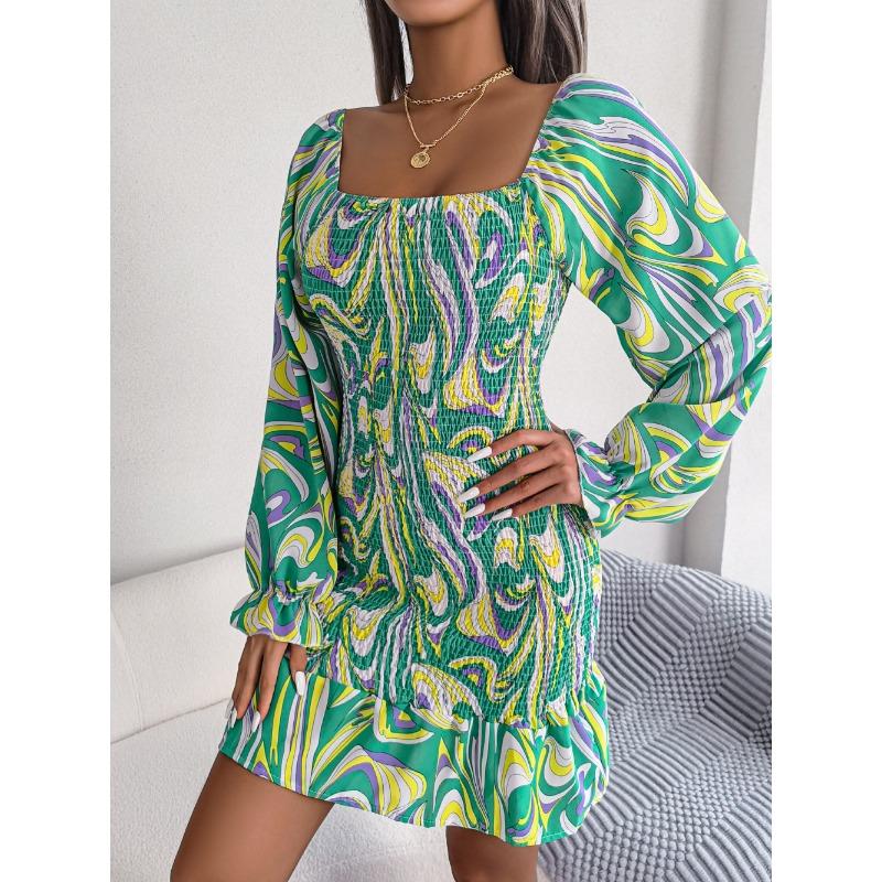 Women's Autumn/winter Sexy Square Collar Print Long Sleeve Ruffled Hip Wrap Dress