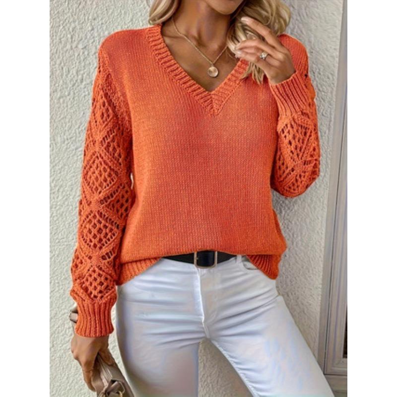 Women V Neck Long Sleeve Knit Sweater With Hollow Out Sleeves Casual Pullover