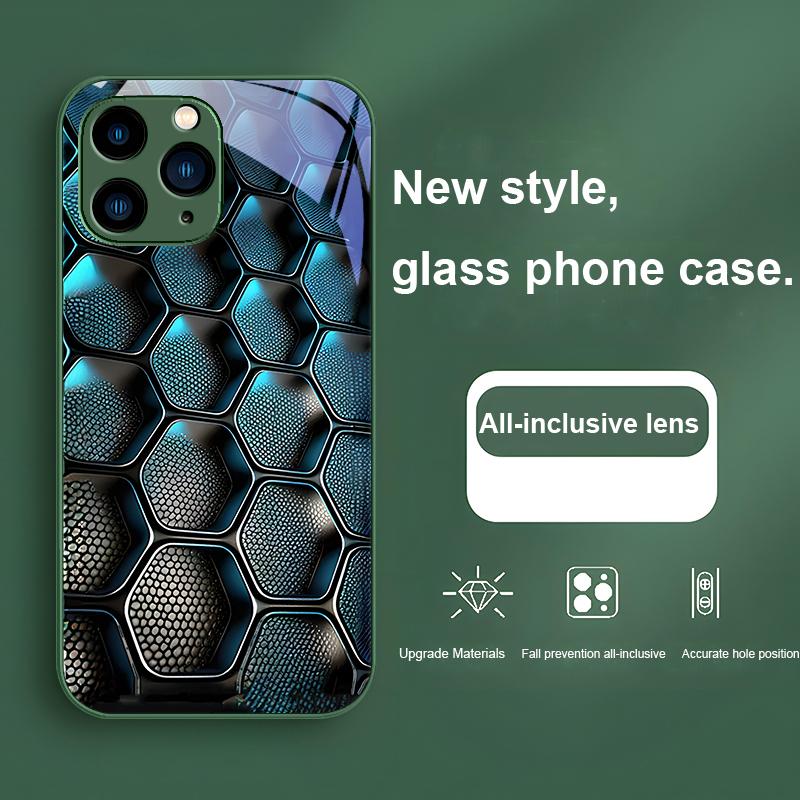 Blue Gradient Grid For IPhone 16 Plus 15 14 13 12 Mini 11 Pro Max X XS XR 7 8 Plus 2022 Tempered Glass Phone Case