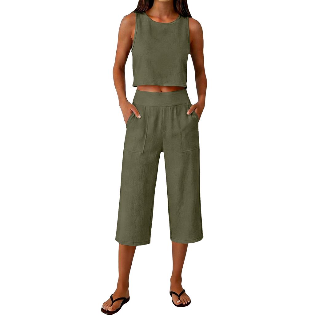 Sleeveless Crop Top and Wide Leg Pants Two Piece Set for Women Loose Fit High Waist with Pockets Casual Outfit