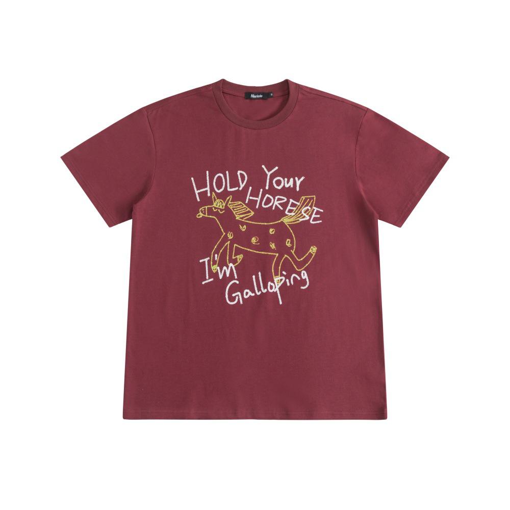 

HeyHenry 2026 Summer Unisex Pure Cotton Round Neck Loose T-shirt - American Style Horse Print Small вино красного