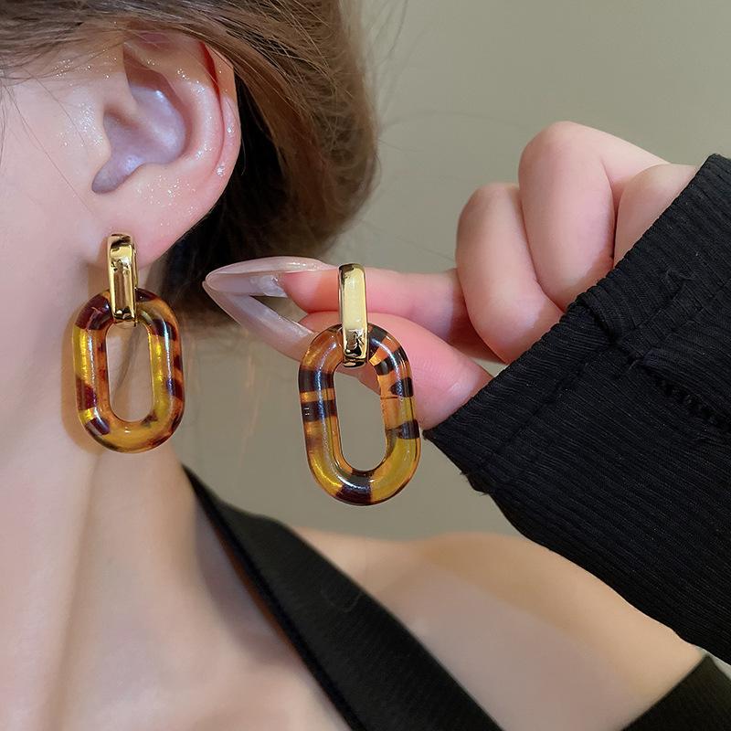 Silbernadel Harzleder Leopardenmuster Geometrisch Rund Blume Ohrringe Herbst und Winter Stecker Nische High-End Ohrringe Frauen