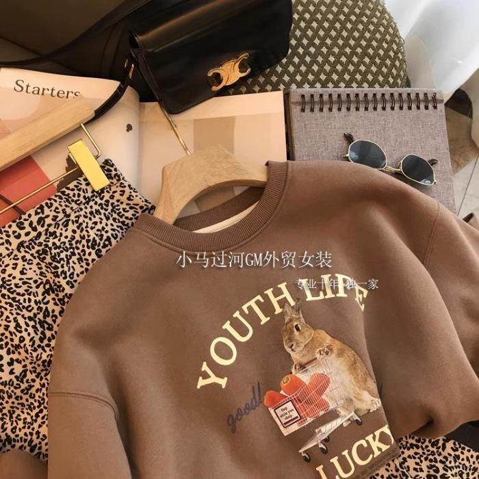 Autumn cartoon rabbit crew neck sweater female cute style simple loose velvet long-sleeved versatile student