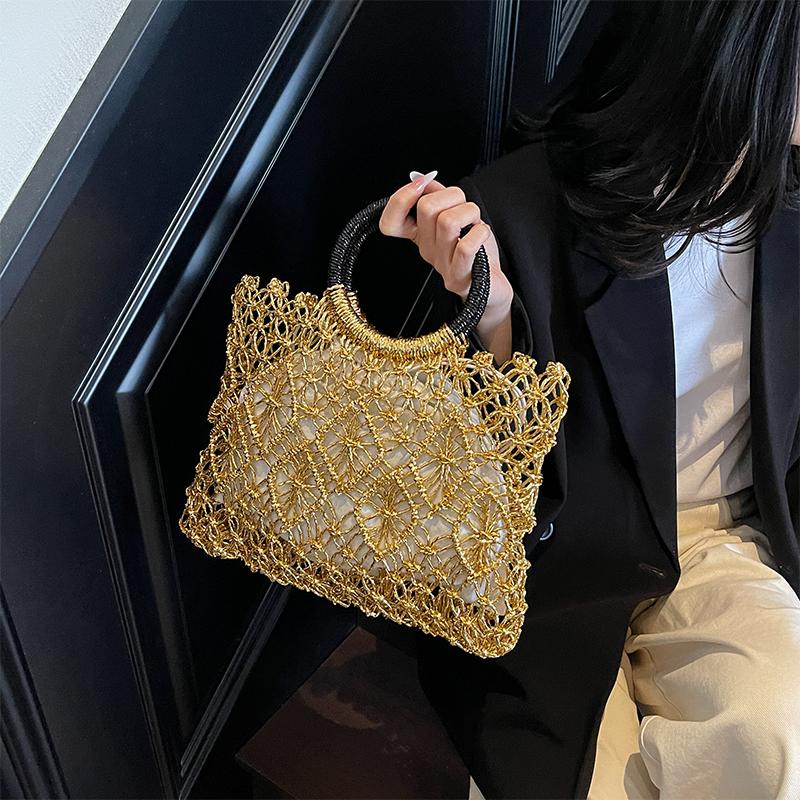 French Light Luxury Woven Bag Fashion Hollow Handbag Niche Design Round Hand-held Square Bags Versatile Gold Silver Holiday Bags