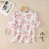 Women Floral Print Casual Round Neck Loose Half Sleeve Blouse