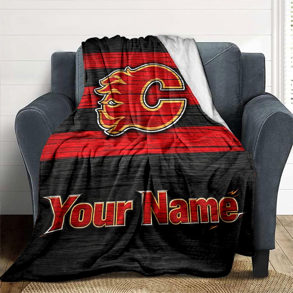 Name Custom Calgary Flames Logo Print Flannel Blanket High Quality Warm Comfortable Cover for All Seasons Perfect for Gifts Home Decor