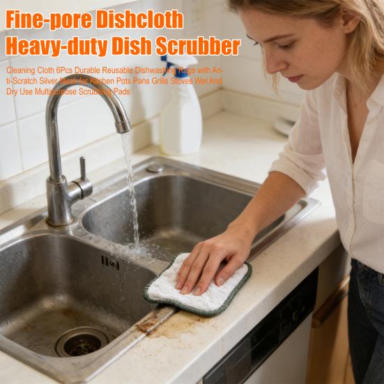 6Pcs Cleaning Cloth Anti-Scratch Silver Mesh Reusable Dishwashing Rags Pots Pans Grills Stoves Wet Dry Use Multipurpose Scrubbing Pads