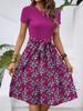 European and American Fashion Trend Temperament Round Neck Short Sleeve Waist Flower Print Medium and Long Dress