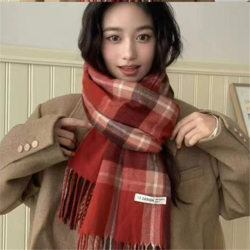 Red Scarf for Women in Winter Korean Style Plaid Versatile Warm High End Trendy New Year Gift Christmas Scarf Shawl