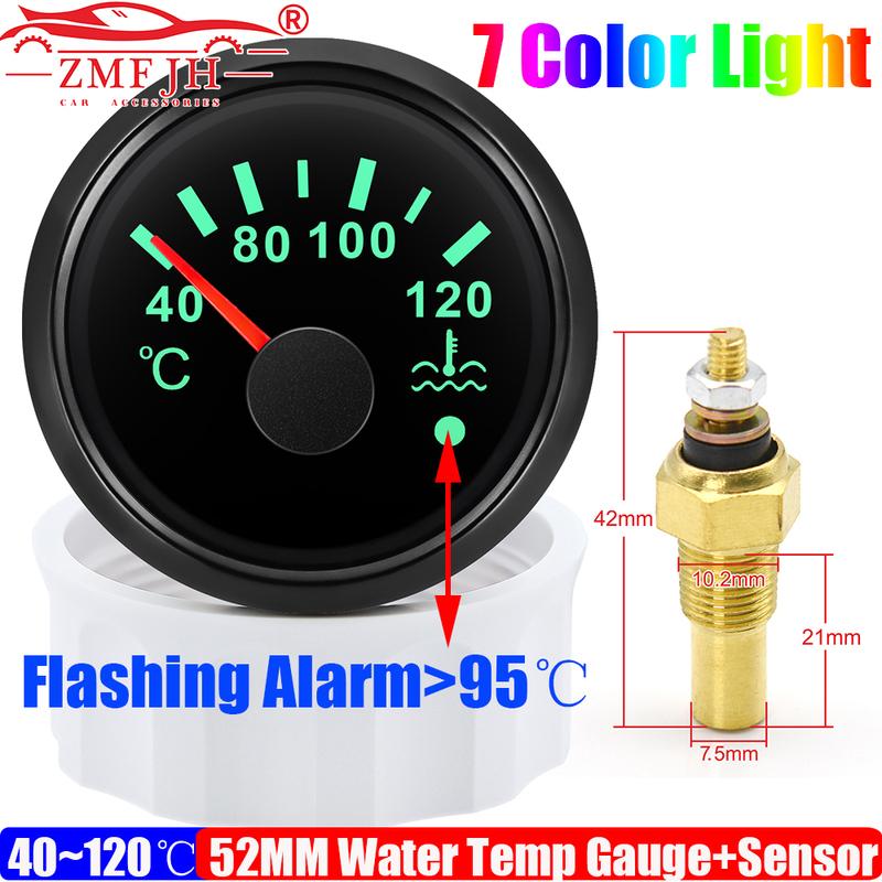 40~120℃ 52MM Water Temperature Gauge With Flashing Alarm Temp Sensor 10.2MM 7 Color Light for Marine Boat Yacht Car Auto 12V24V