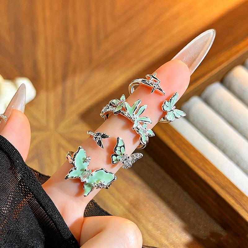Mint Green Mambo‑Style Open Ring Mori Ethereal Vibe Enamel Butterfly Inlaid Zircon Niche Design Personalized Adjustable Stackable Decorative Ring