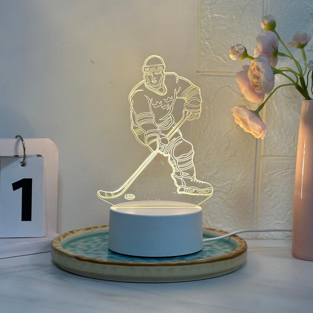 Ice hockey player 3D night light, modern geometric design- USB power supply, warm glow, creative desktop and bedroom decoration,