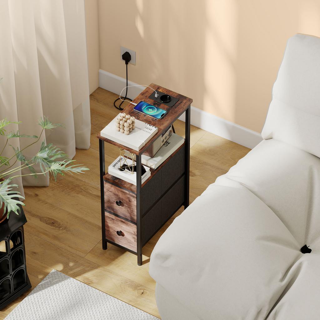 Side Table with Charging Station, Narrow Coffee Table, 2 Fabric Drawers, Open Shelf, Rustic Brown