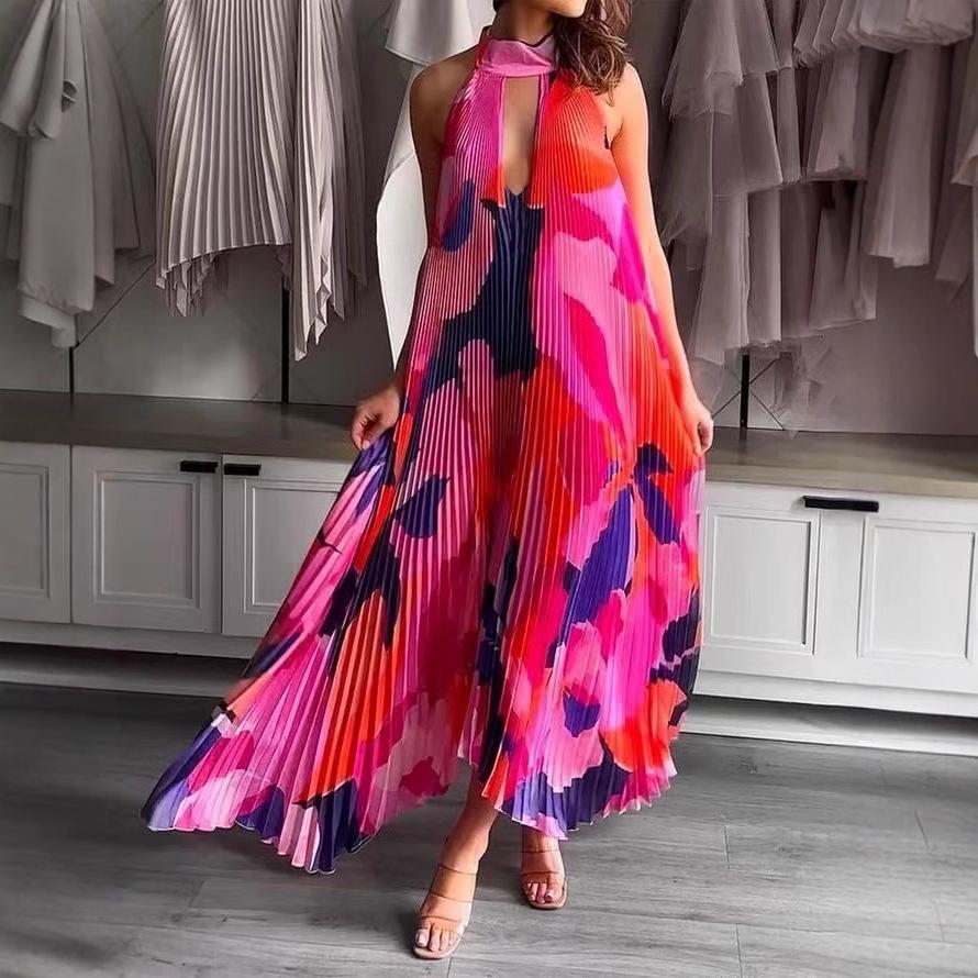 New summer women s fashion deep V neck backless sleeveless pleated pendulum dress M красный
