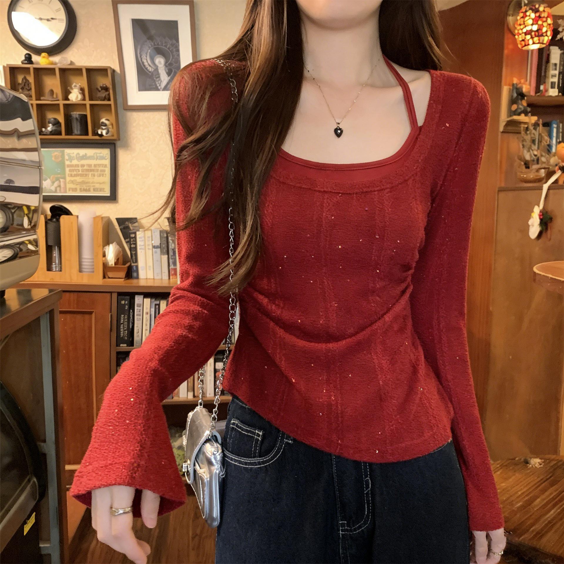 Women s Plus Size Two-Piece Halter Neck Knit Top - Slimming, Concealing, Waist-Cinching Design L Plus Size вино красного