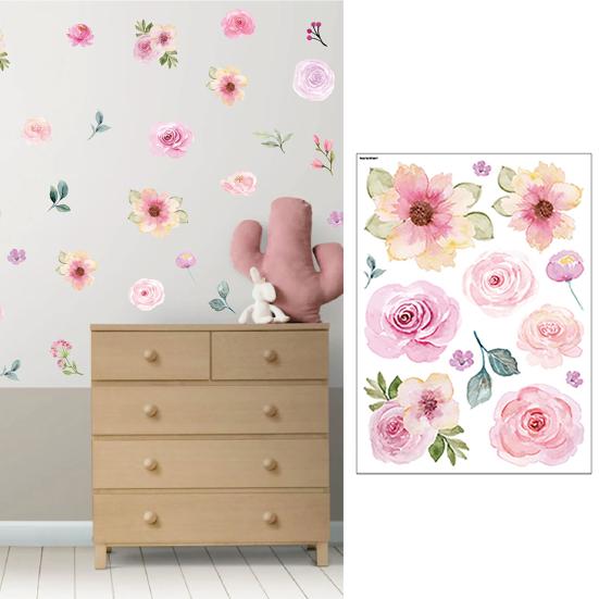 4 Sheets Flowers Wall Decals Watercolor Peony Floral Leaves Wall Stickers Peel And Stick Wall Decor for Girls Bedroom Nursery Classroom Living Room