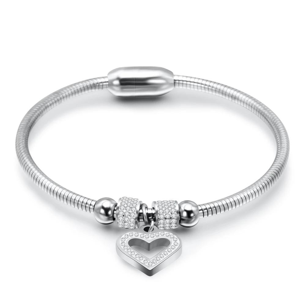 New Style Heart Crystal Charm Bracelet Bangles Magnet Clasp with Snake Chain 316L Stainless Steel Women Wedding Jewelry