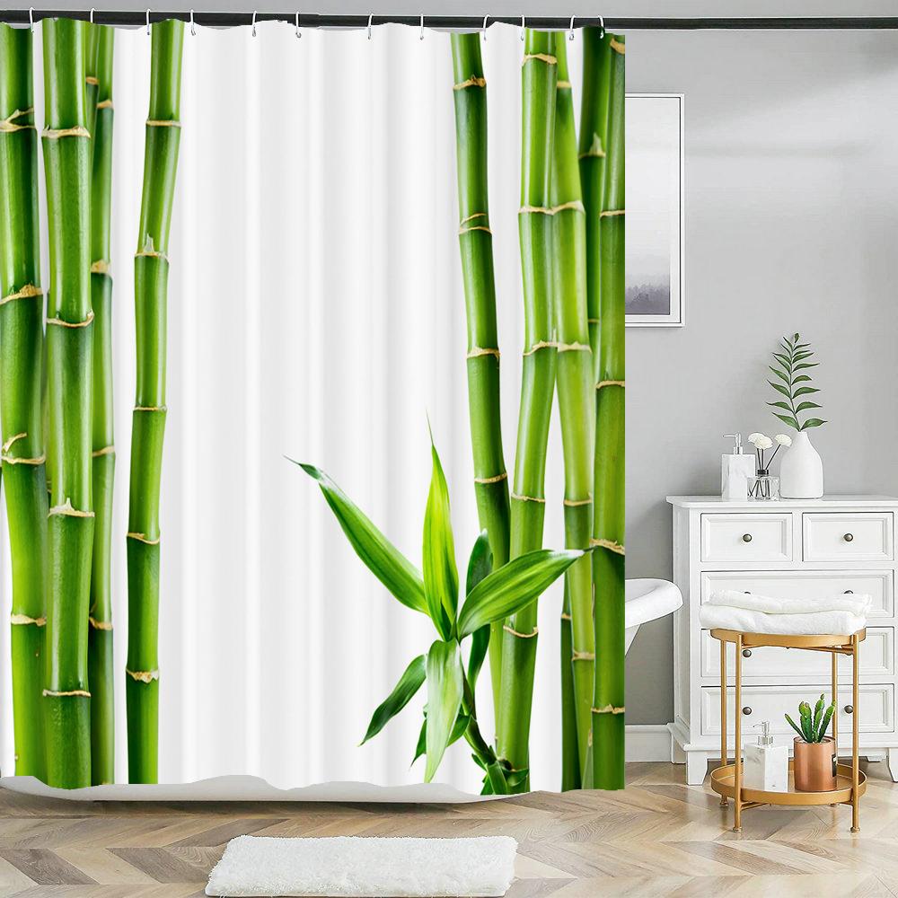 Grüne Pflanzen Bambus Blumen Zen Stein Badezimmervorhang Polyesterstoff Duschvorhänge und Teppiche Toilettendeckel Badematten Set Dekor