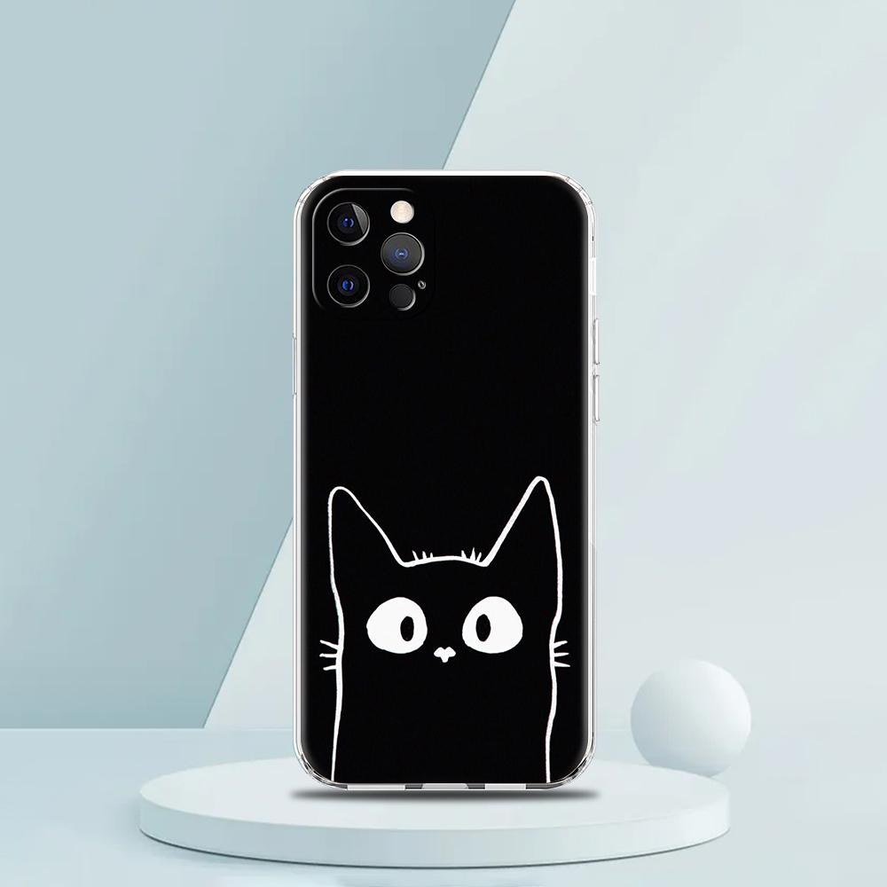 Cute Cartoon Black Cat Luxury Phone Case For iPhone 16 15 14 13 12 11 Pro Max XS X XR SE 7 8 Plus Soft Silicone Clear Cover
