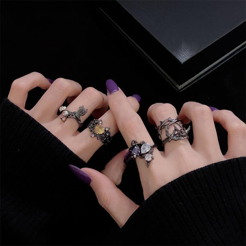 Dark Gothic Personality Raven Diamond Open Ring Personality Demon Wings Sweet Cool Love Thorns Accessories Female