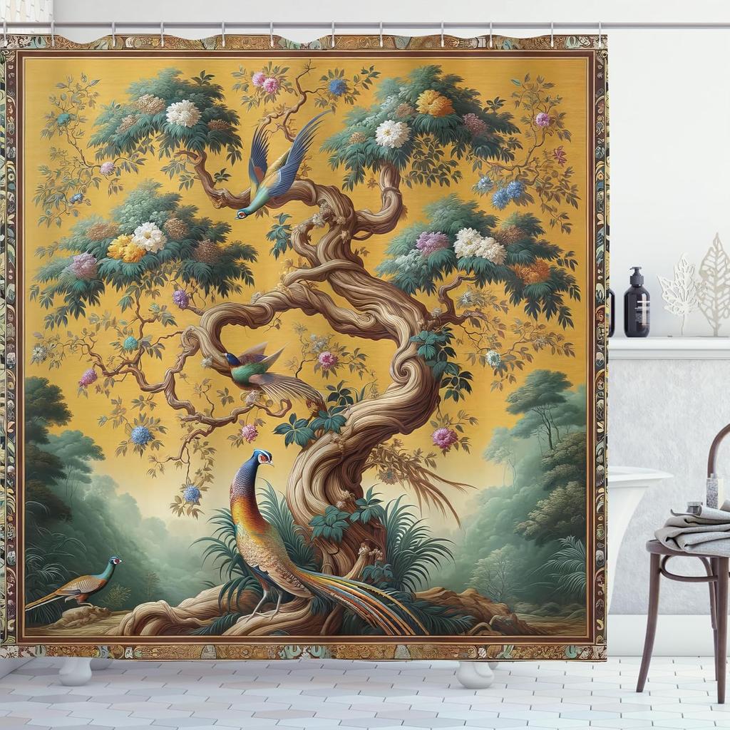 Vintage Shower Curtain, Floral Tree with Exotic Peacock Birds in Historic Painting Mural Look Print, Cloth Fabric Bath
