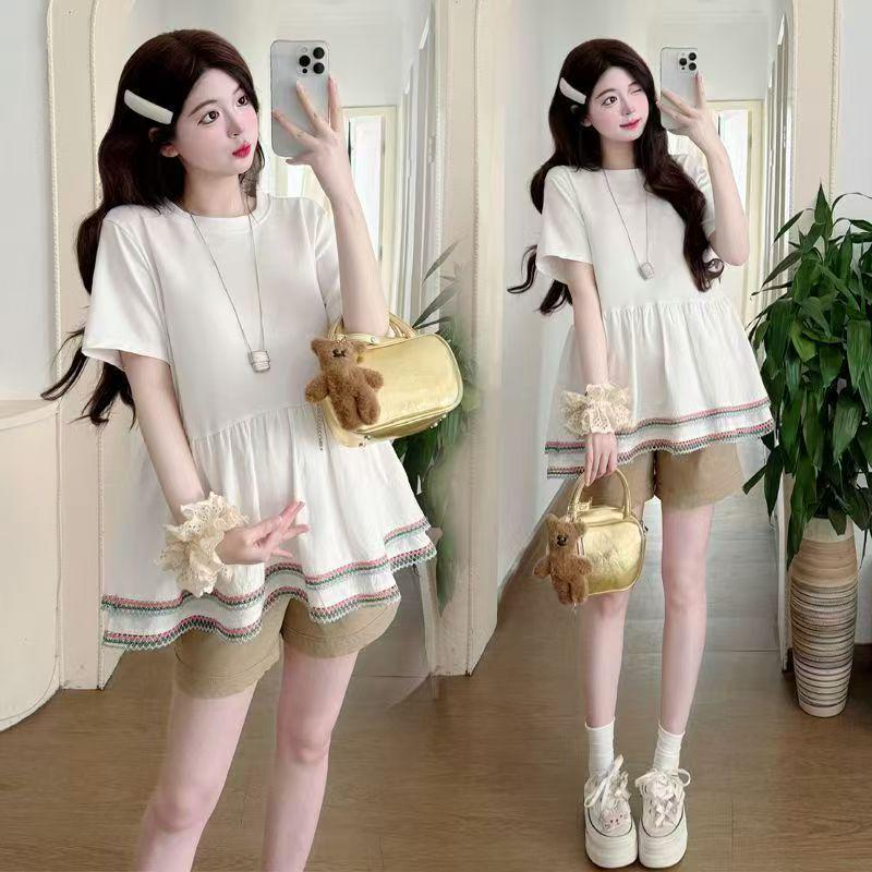 

Korean Style Maternity Summer Set: Loose Doll Shirt and Belly-Covering Shorts M [80-105 lbs]
