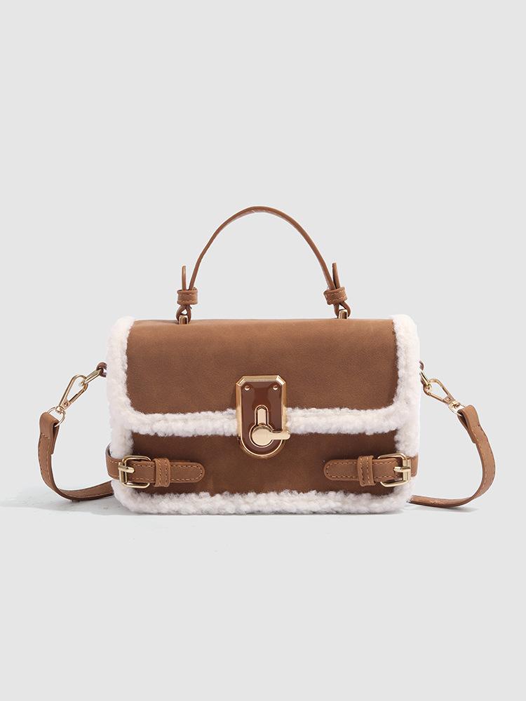 

2025 fashionable new lambswool spliced small square bag women s niche design versatile contrasting high-end handheld crossbody bag