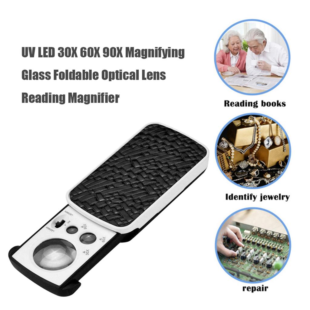 30x 60x 90x Small Handheld Magnifying Glass Foldable Optical Lens Jewelry Appraisal Reading Magnifier With Uv Led