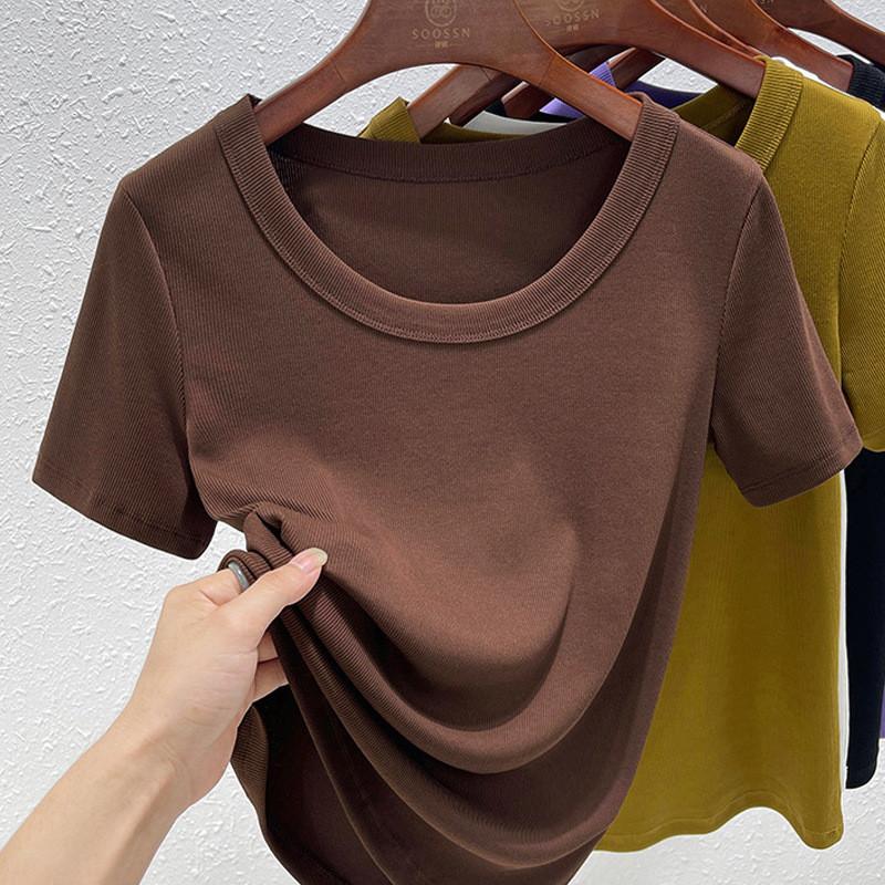 Casual Summer T Shirt For Women With High Elastic Ribbed Fabric And U Neck Design