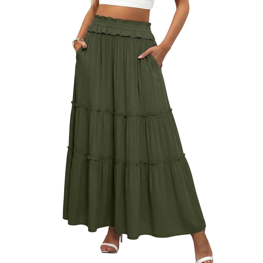 Gonna Lunga Maxi a Strati a Vita Alta da Donna con Elastico in Vita e Tasche Gonna Lunga Svasata per Uso Casual o Quotidiano