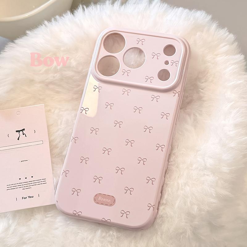 Cute Pink Bow Candy Color Soft Heart Relief Side Phone Case For iPhone 11 12 13 14 15 16 17 Pro Max 14 Plus Shockproof Cover