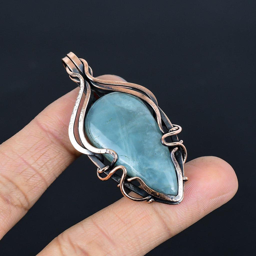 Aquamarine 999 Copper Wire Wrapped Pendant, Handmade Gemstone Jewelry Pendant For Memorial Day