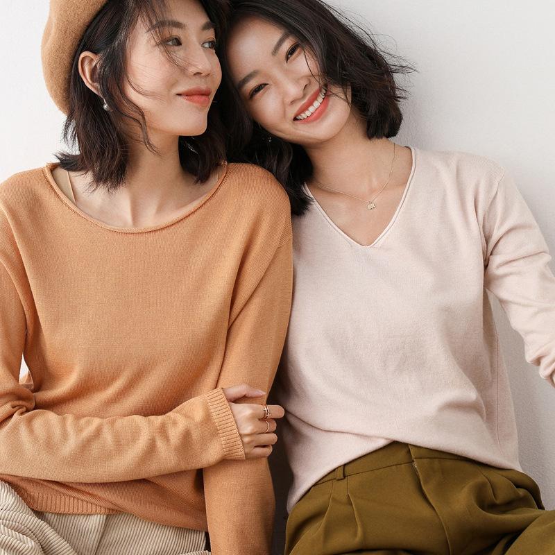 Spring and Autumn Knitwear Women's Round/V Neck Loose Sweater Women's All-match Bottoming Shirt Comfortable Women's Clothing