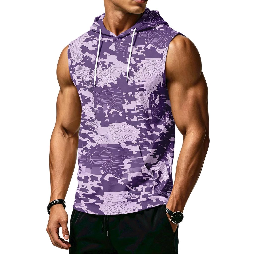 Mens Sleeveless Hoodie Camouflage Pattern Drawstring Hooded Vest with Kangaroo Pocket Relaxed Fit Sportswear Top