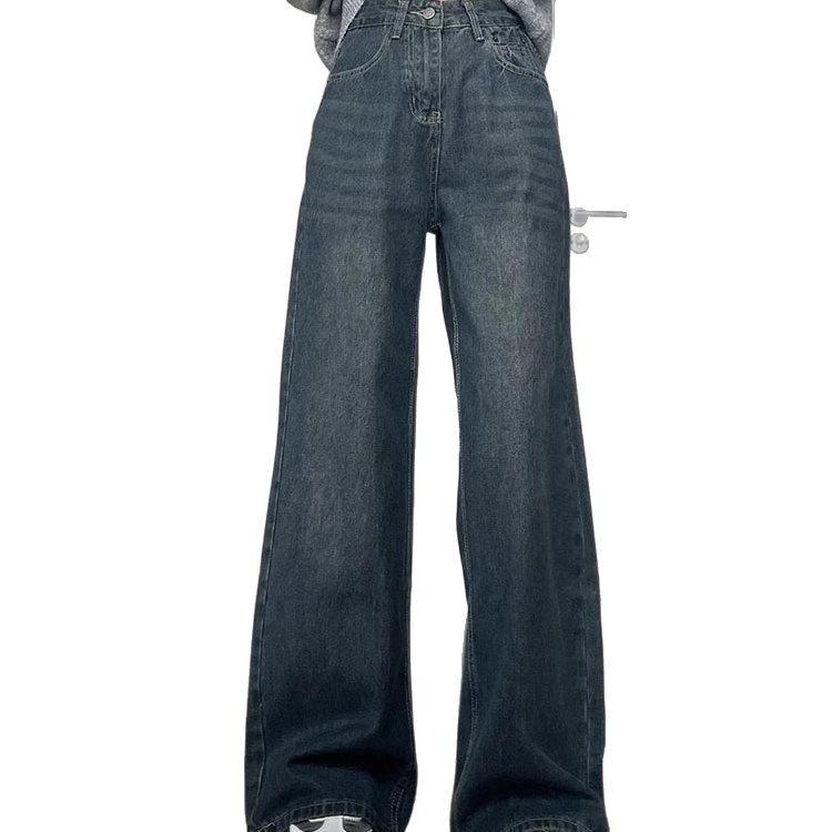 American Retro Plaid High-Waist Wide-Leg Jeans: Distressed, Draping, Slimming, Floor-Length Pants for Women.